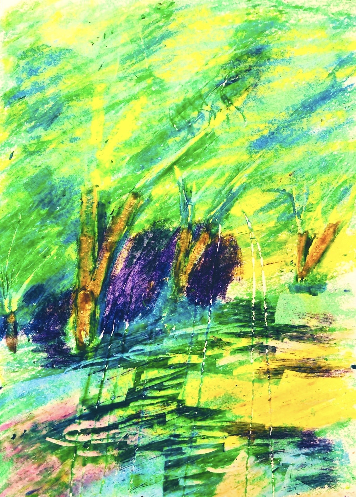 クレヨン画・林の風景｜空想だいあぱ案内人kuramaippei