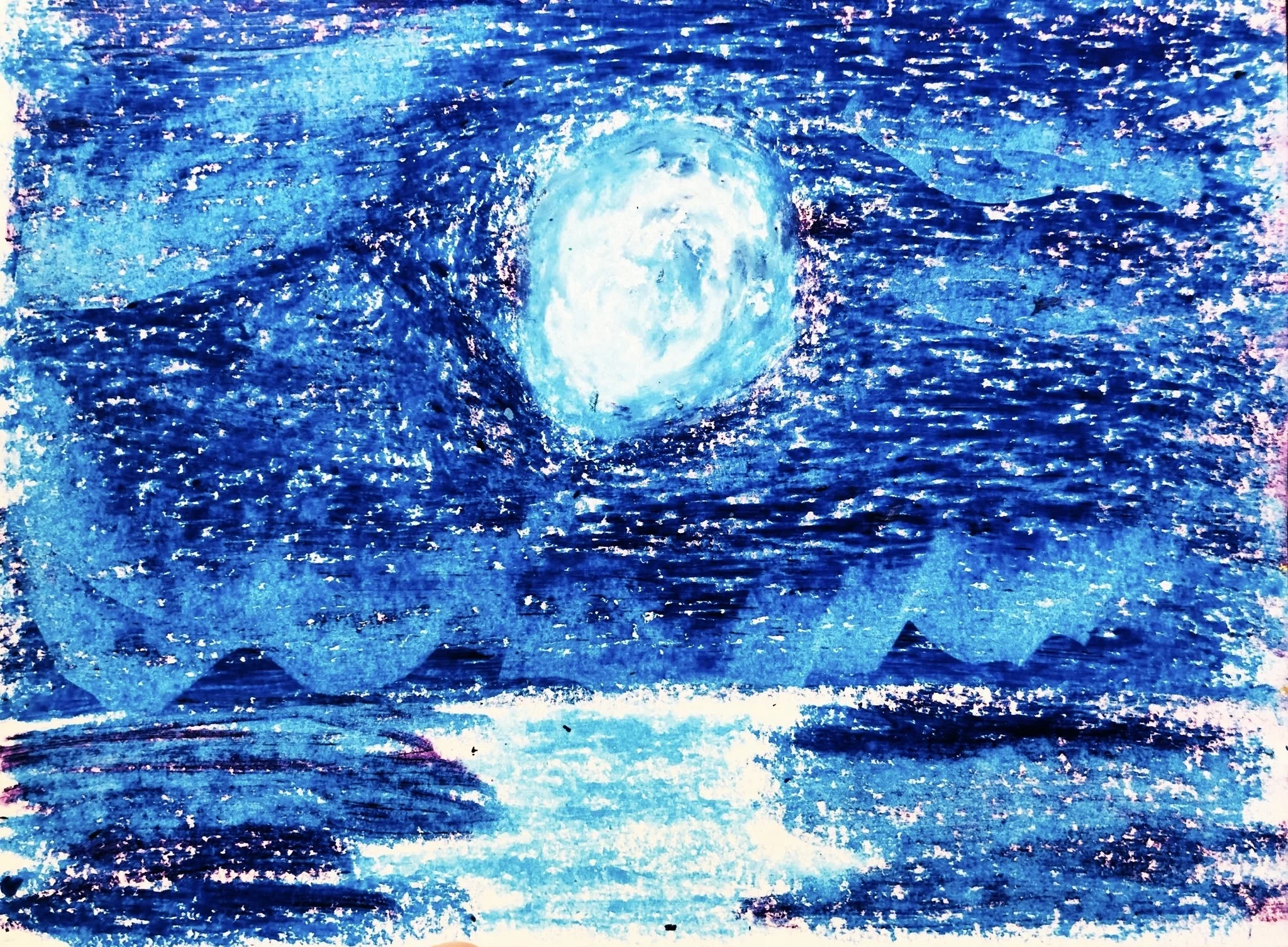 クレヨン画・満月と海｜空想だいあぱ案内人kuramaippei