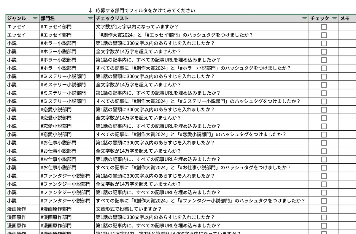 応募前チェックリスト(Googleスプレッドシート)