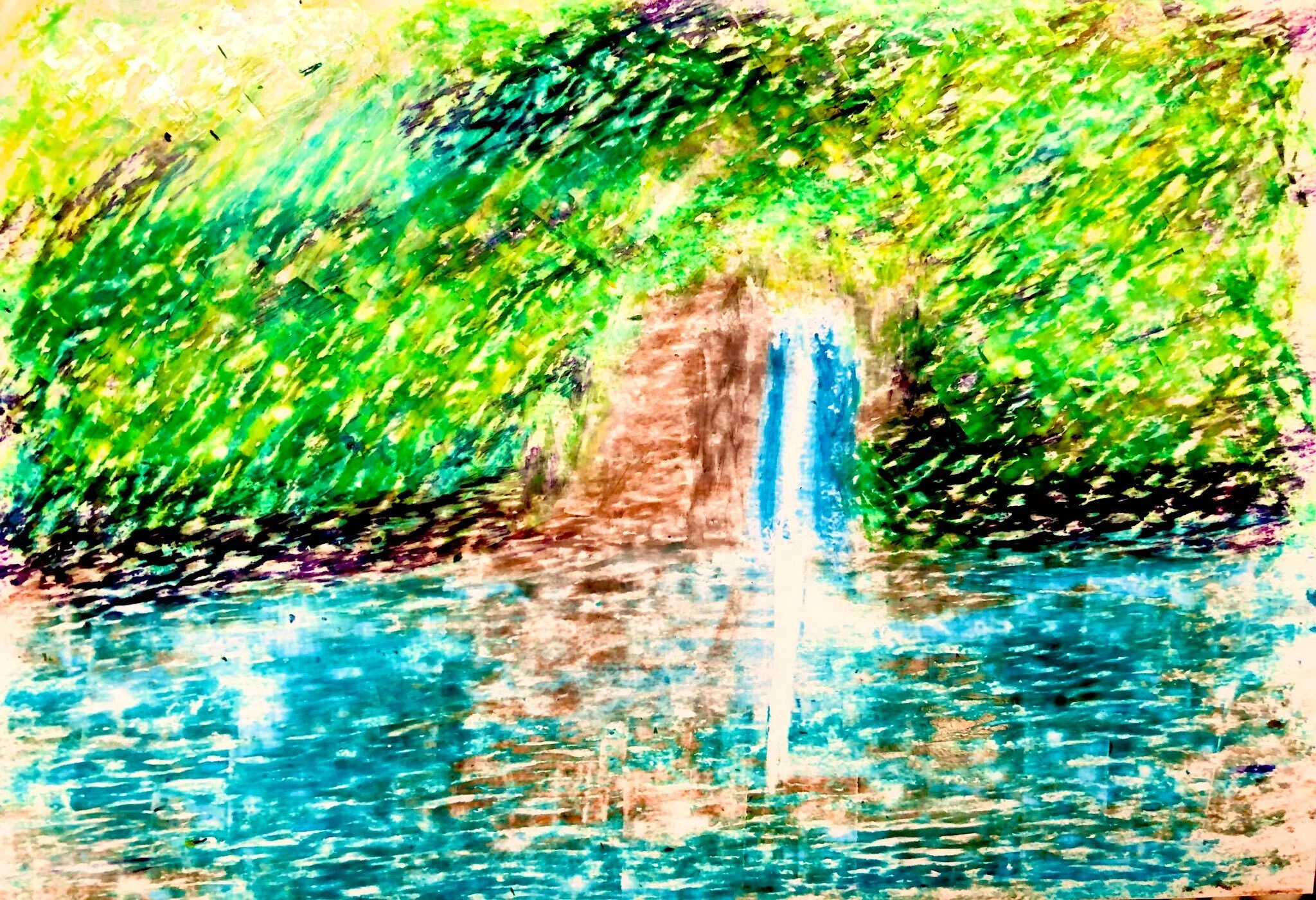 クレヨン画・森の池｜空想だいあぱ案内人kuramaippei