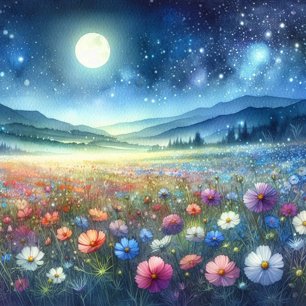 よく晴れた月夜。満点の星空と遠くには山々。広大な草原には一面に小さな花が月の光に輝きそよ風にゆれている