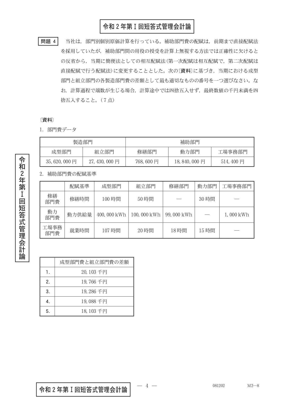 25年5月目標 管理会計論（計算）部門別計算 令和2年第Ⅰ回問題4｜日商