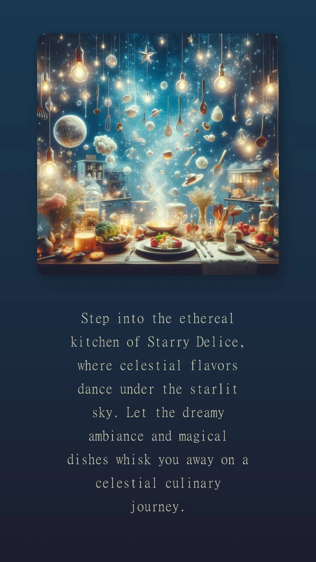 Step into the ethereal kitchen of Starry Delice, where celestial flavors
dance under the starlit sky. Let the dreamy ambiance and magical
dishes whisk you away on a celestial culinary journey.星空の下で天体の味が踊る、幻想的なキッチン「星空(スターリー)デリス」へ足を踏み入れてください。夢見心地の雰囲気と魔法のような料理が、あなたを天体の味覚の旅へと誘います。