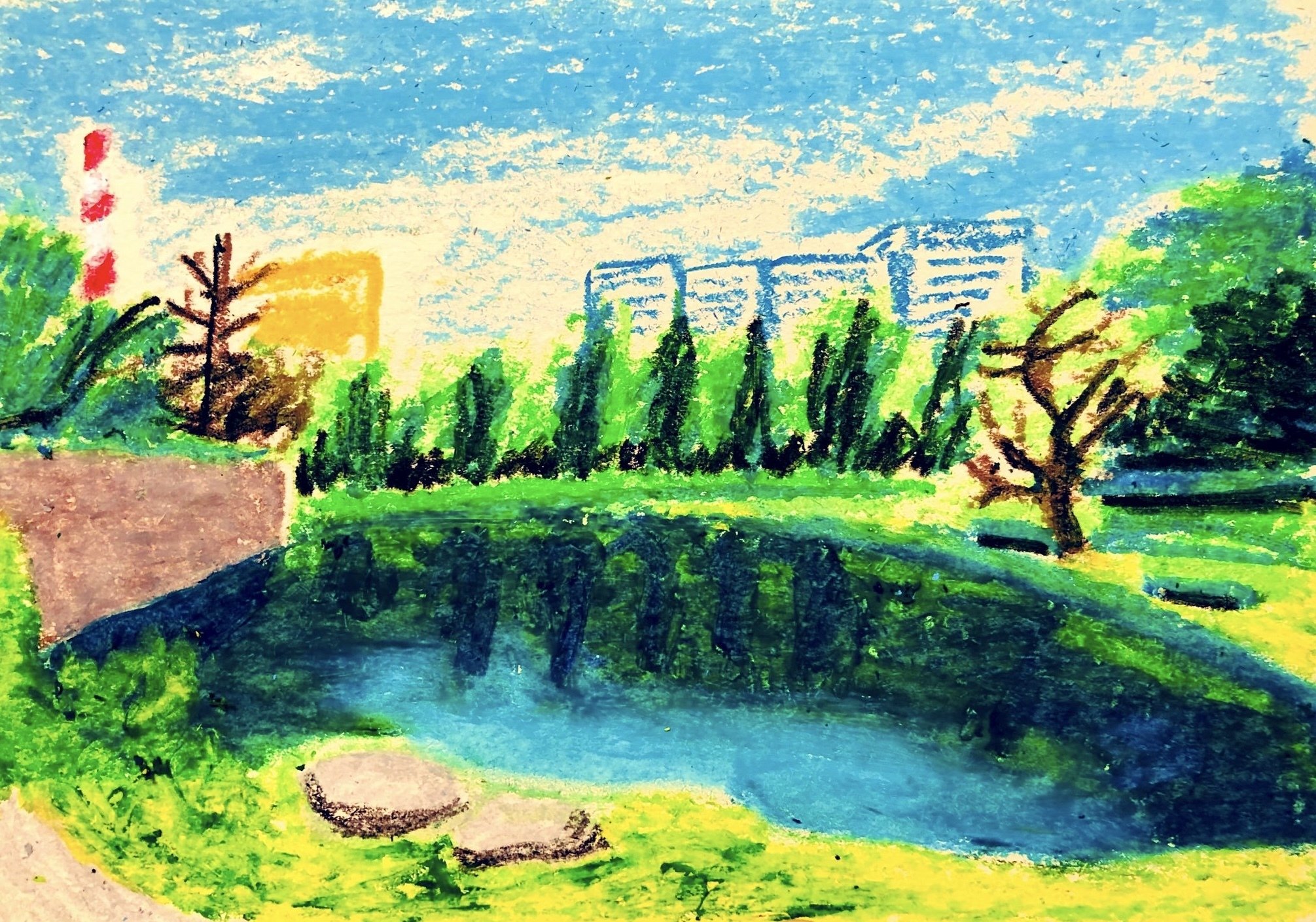 クレヨン画・日比谷公園の池｜空想だいあぱ案内人kuramaippei