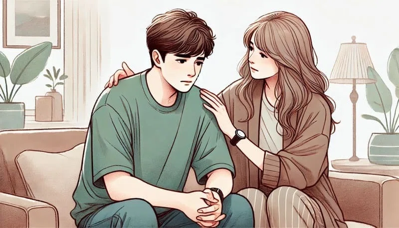 悲しんでいる男性と慰めている女性のイラスト