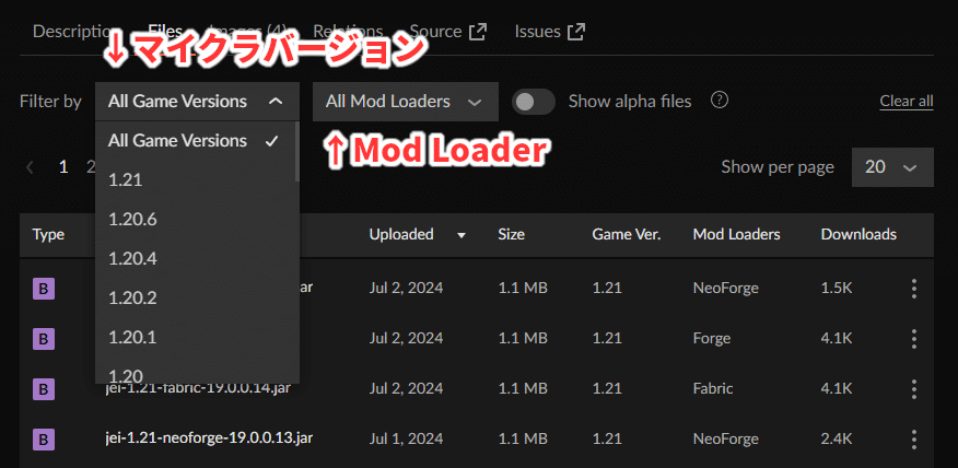 CurseForgeにおけるマイクラバージョンとMod Loader一覧の位置