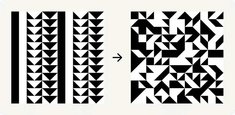 プラグイン実行サンプル2。四角や三角の図形がランダムに並んでいる