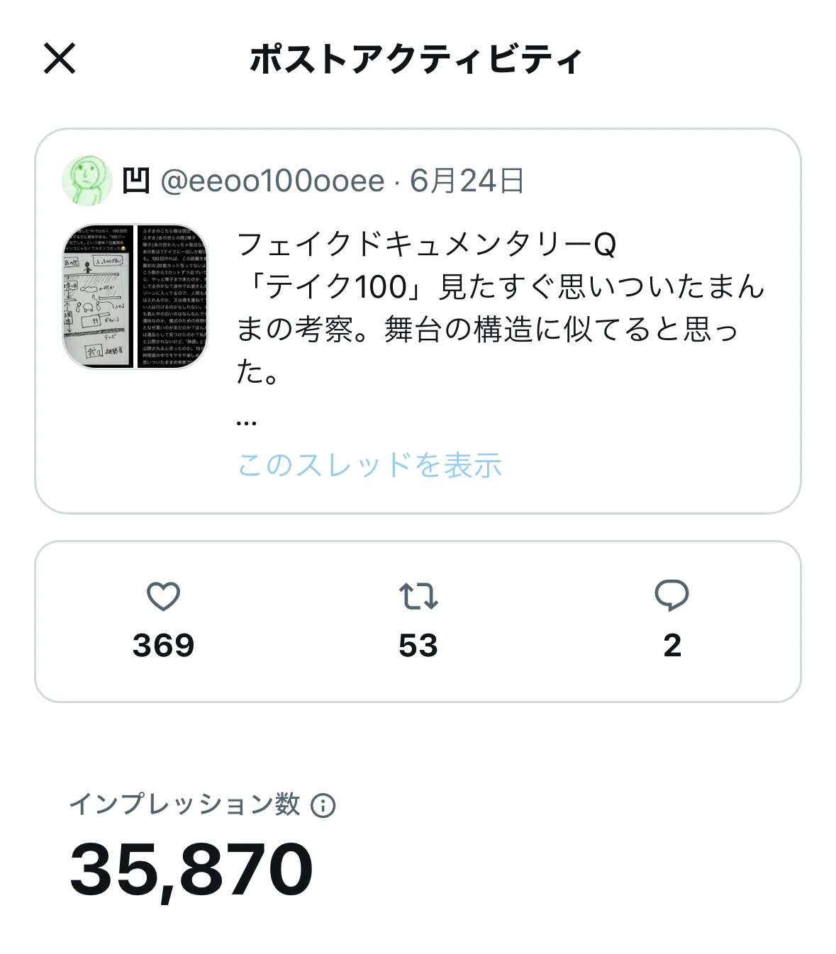 フェイクドキュメンタリー「テイク100」Xに載せた考察、再掲｜しろゆり
