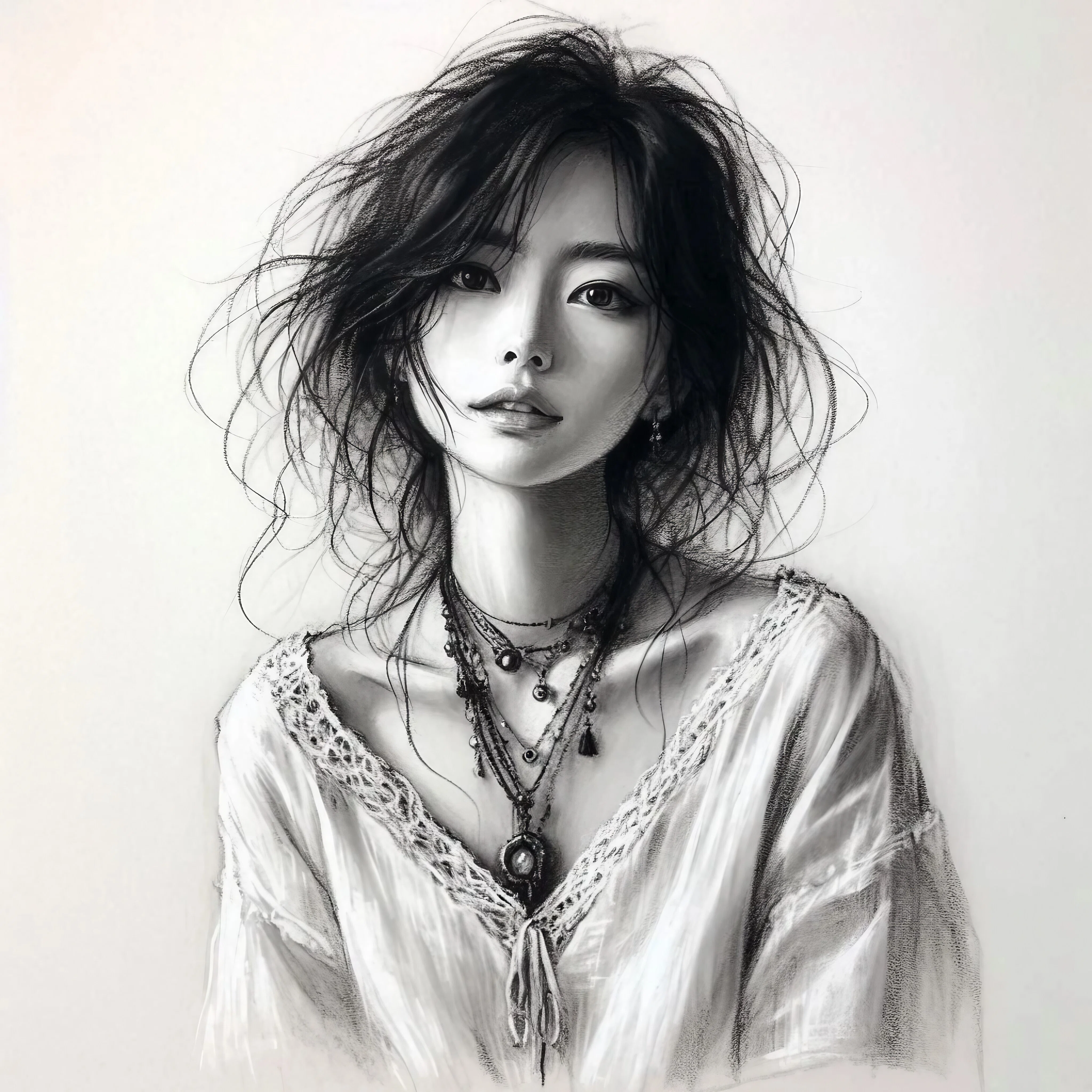 幻想的な美しさ: DALL-E3が描く風に舞う黒髪の女性肖像画の実験｜Books