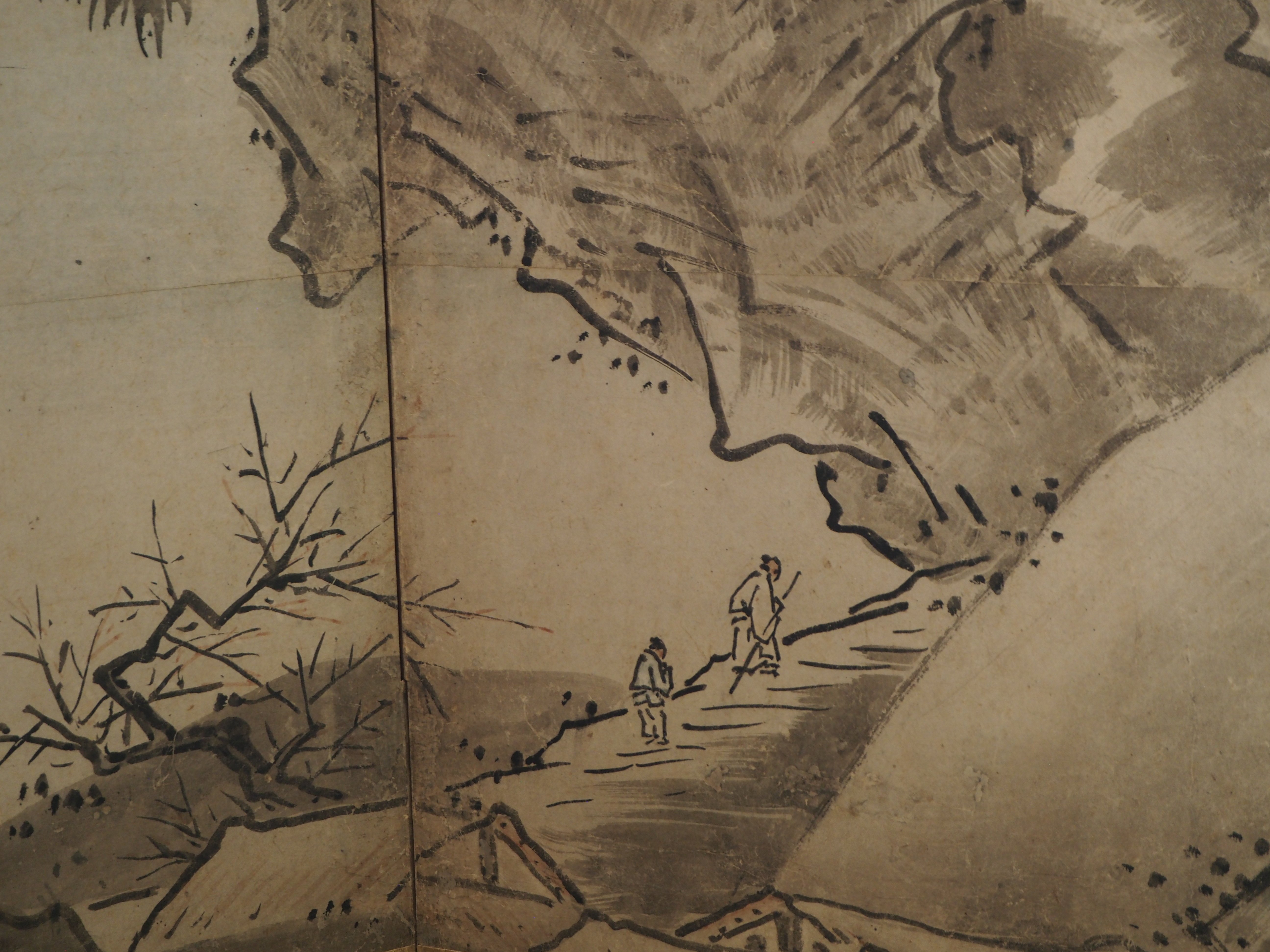 狩野山楽 【紙本水墨画双幅 楼閣山水図】 共箱 掛軸双幅 軸先は