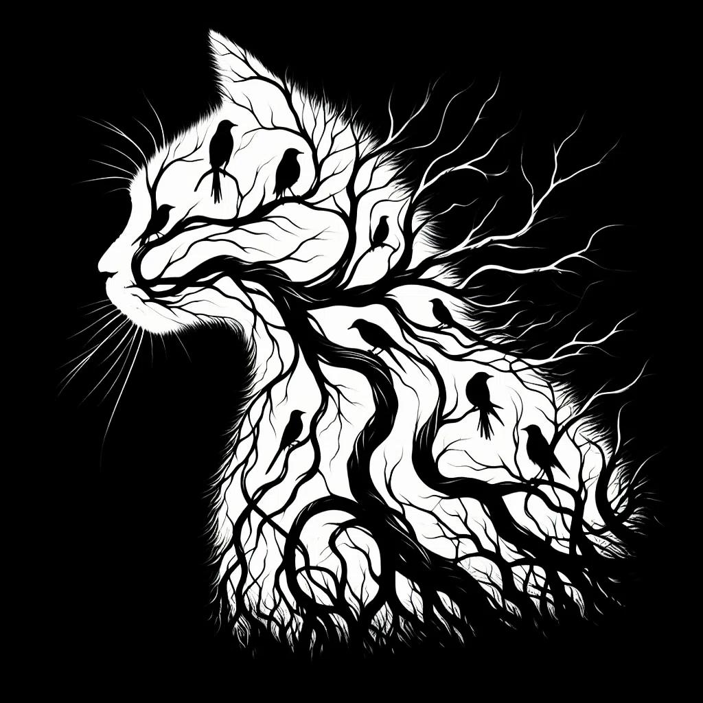 枝猫シルエット：生命の交錯を描くDALL-E3墨絵アート｜Books Channel