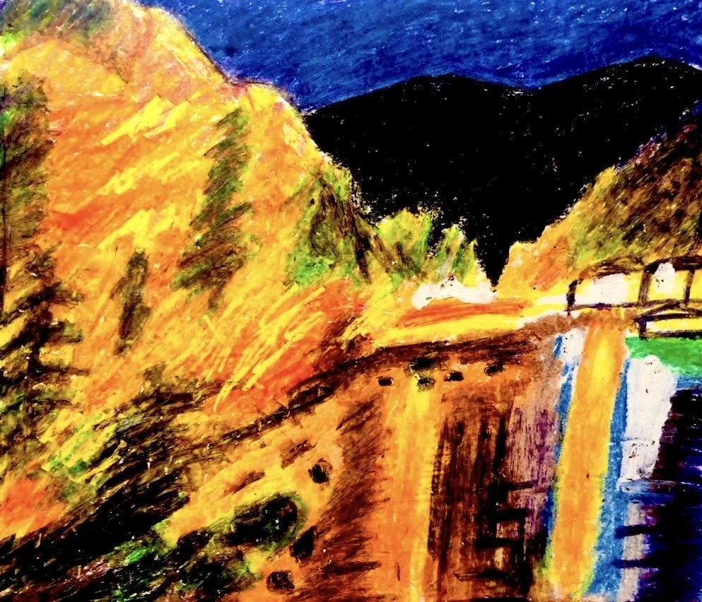 クレヨン画・紅葉の夜景｜空想だいあぱ案内人kuramaippei