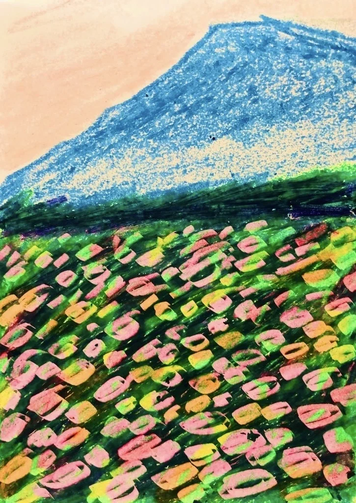 クレヨン画・山の麓の花畑｜空想だいあぱ案内人kuramaippei