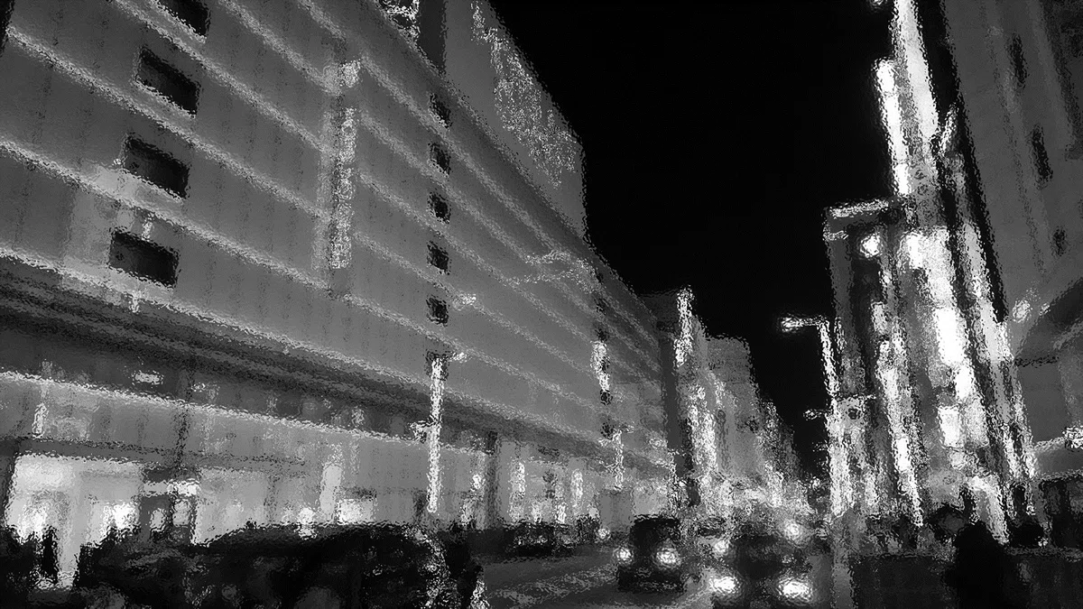 挿絵、白黒写真、銀座松屋まえ、夜7時、幻想的なライトアップ