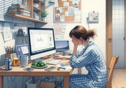 左手に頬杖をついて頭を抱える女性。青いパジャマを着てデスクワーク。3台のパソコン、ビールひとかん、グラス一杯、ブロッコリーのおつまみ