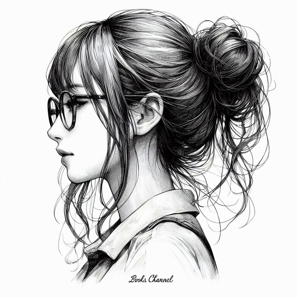 繊細な白黒線画の知的な横顔の実験：眼鏡女子とUpdo Hairstyle