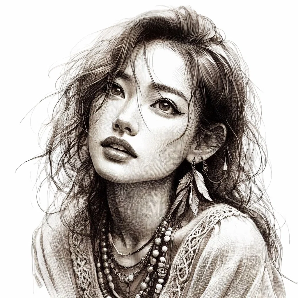 繊細な鉛筆画アートの実験: リネンとボヘミアンジュエリーのAI美女