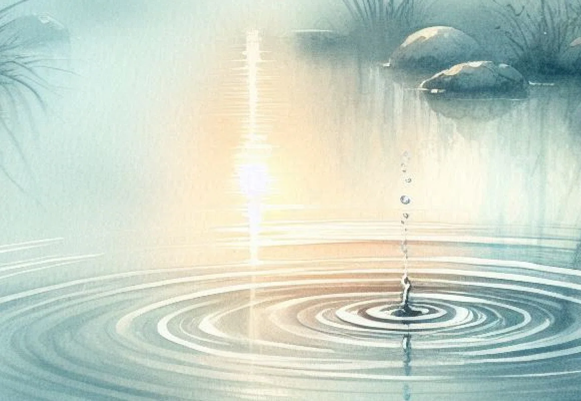 早朝、小さな池にしずくがおちて、波紋を広げる様子を、水墨画のように表現した絵