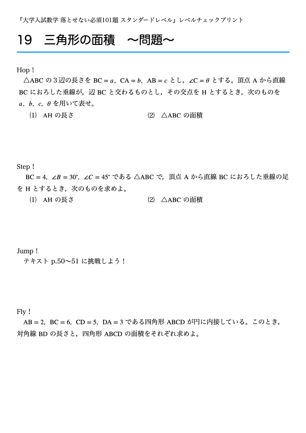 レベルチェックプリント #019 〜三角形の面積〜 『大学入試数学 落とせ