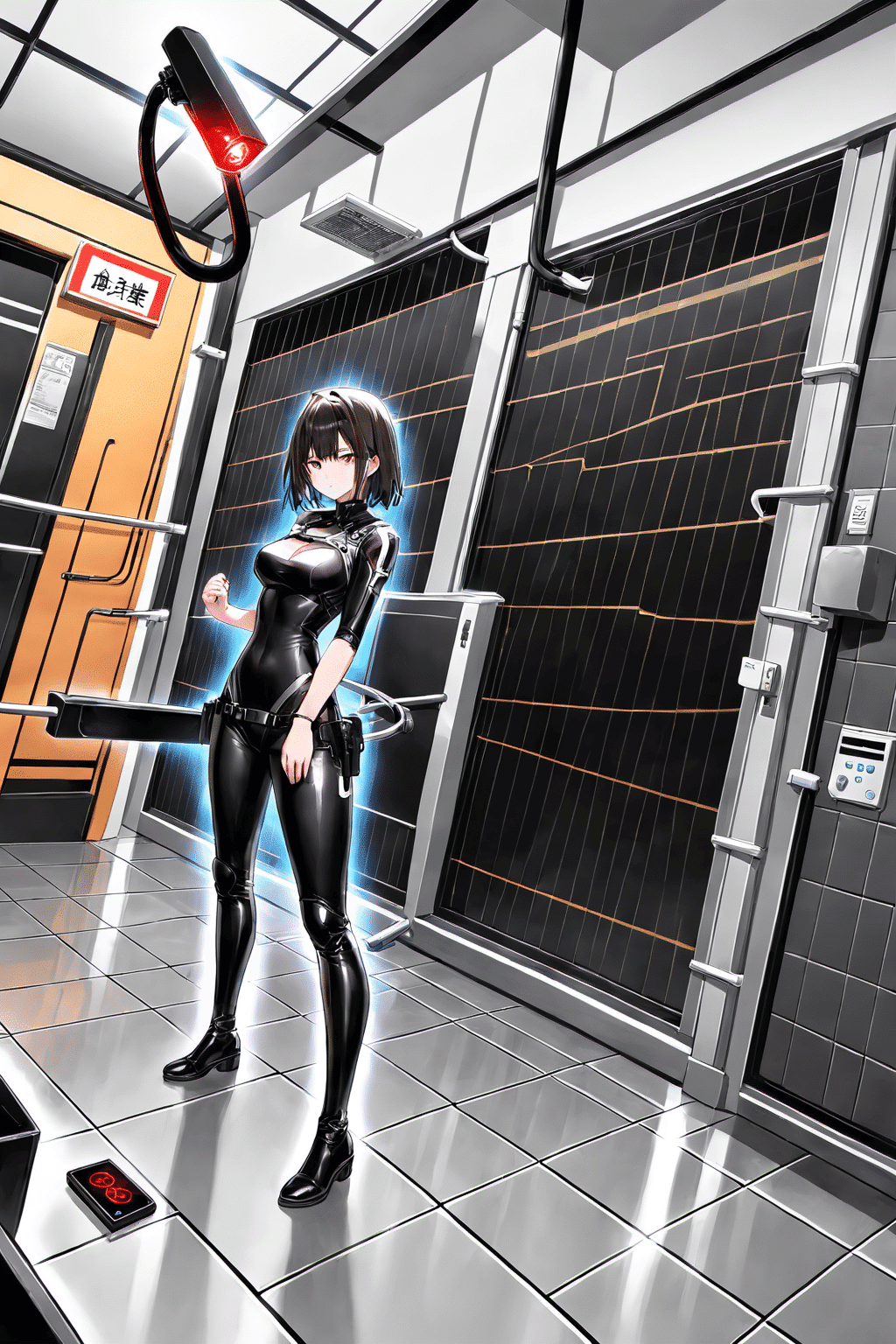 タッチを変えてベタ塗りの研究所に侵入する女性工作員のイラスト