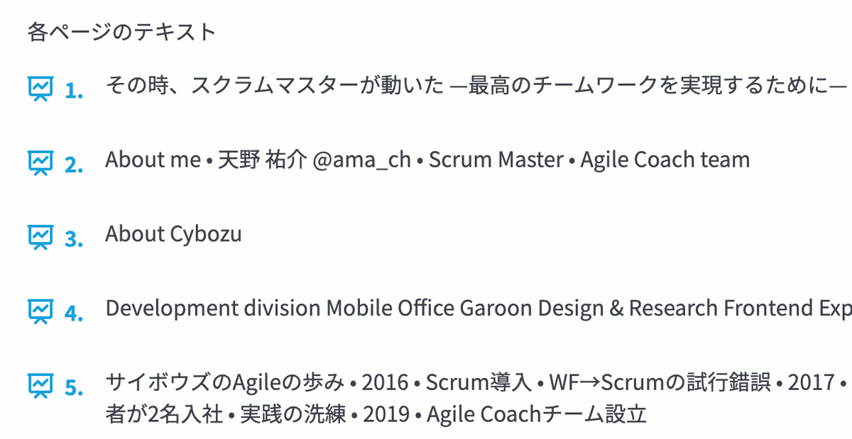 Speaker Deck にアップロードされている「その時、スクラムマスターが動いた —最高のチームワークを実現するために— / A mind of SCRUM MASTER」の PDF を Doscwell にアップロードした際の文字おこし表示の様子.