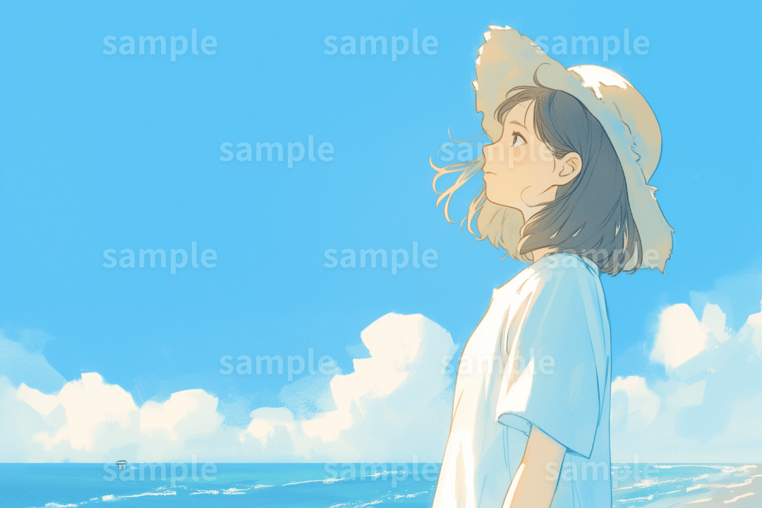 【夏】「空を見上げる女の子」のストックイラスト素材3枚セット｜SNS用アイコン・サムネイル・挿絵・広告・アイキャッチ・イメージ画像に