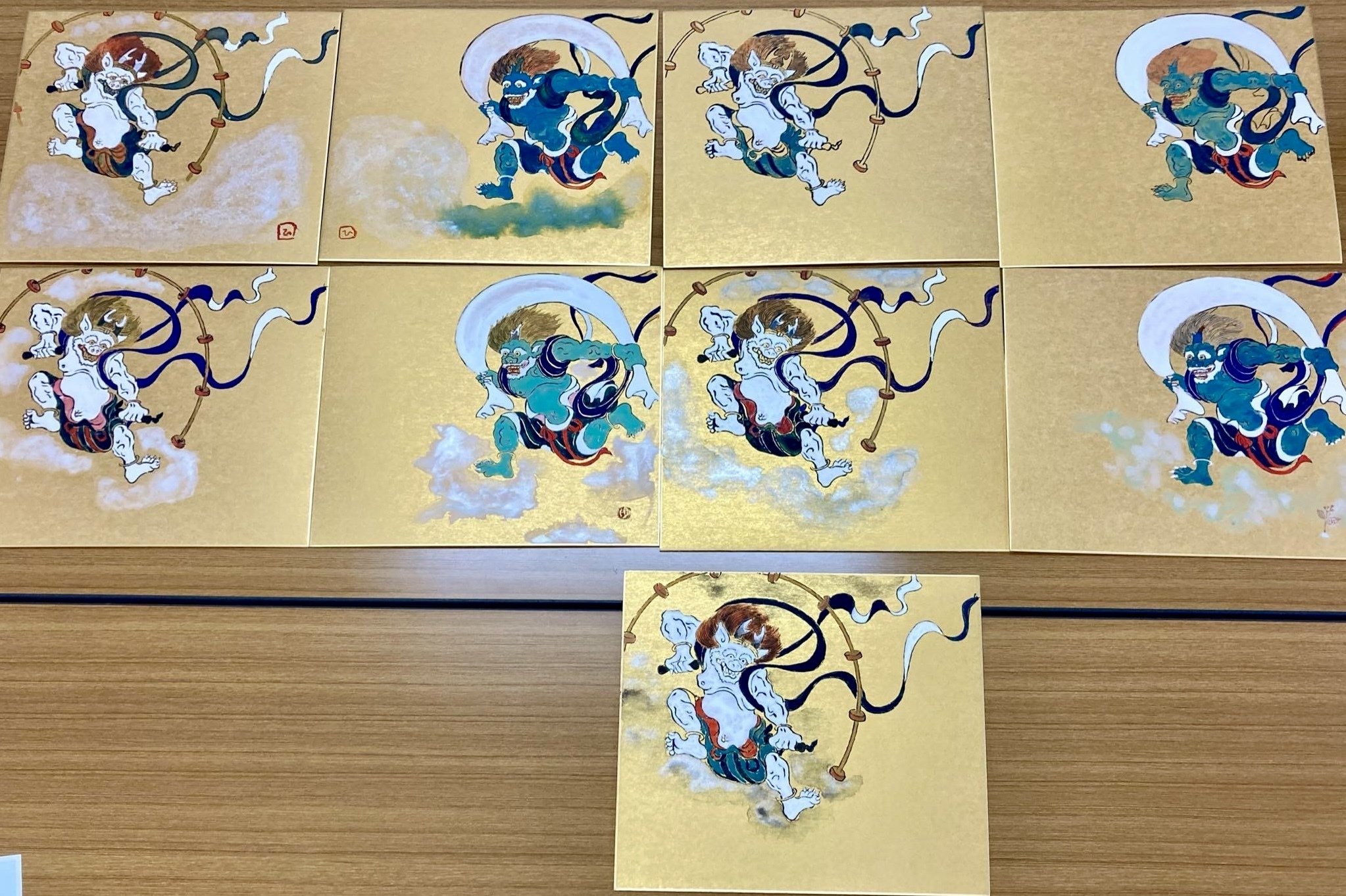 日本画 風神雷神図　浮世絵　色紙　金箔使用 本金箔錦絵（プリント）：【角力風神雷神図】 | 大相撲錦絵 大門