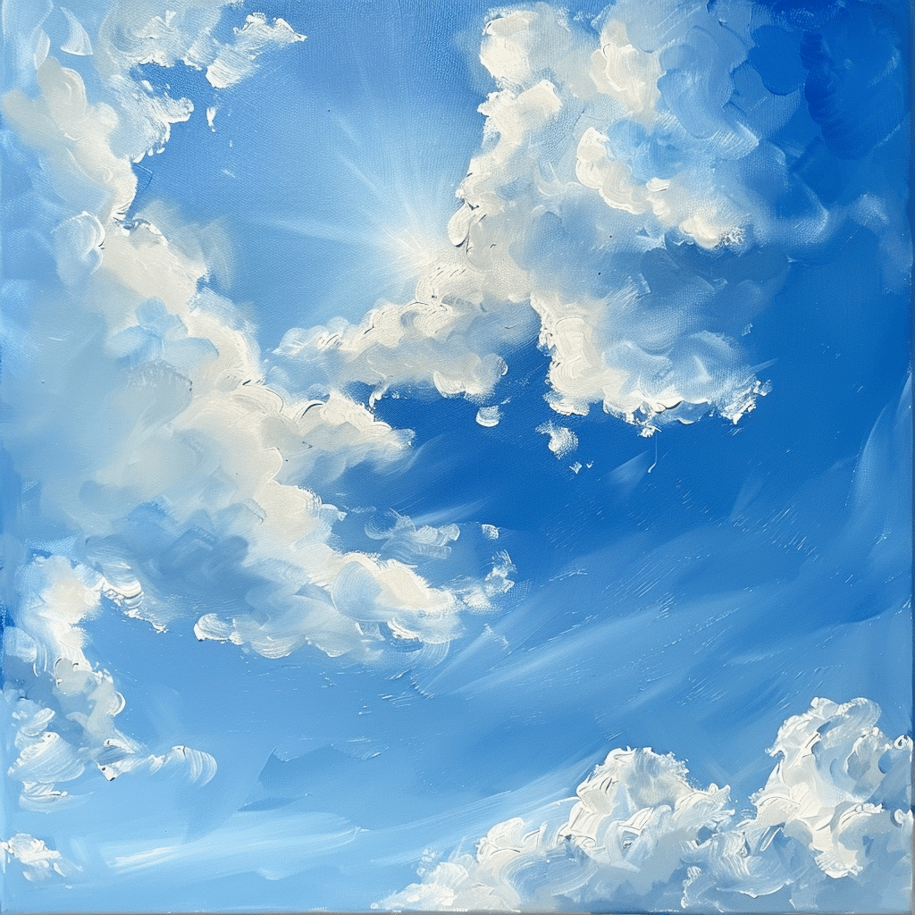 雲海洋次★陽光と雲★真作★油彩★ 370 AI実験_俳句の解釈 「夏空へ雲のらくがき奔放に」富安風生（AI解説