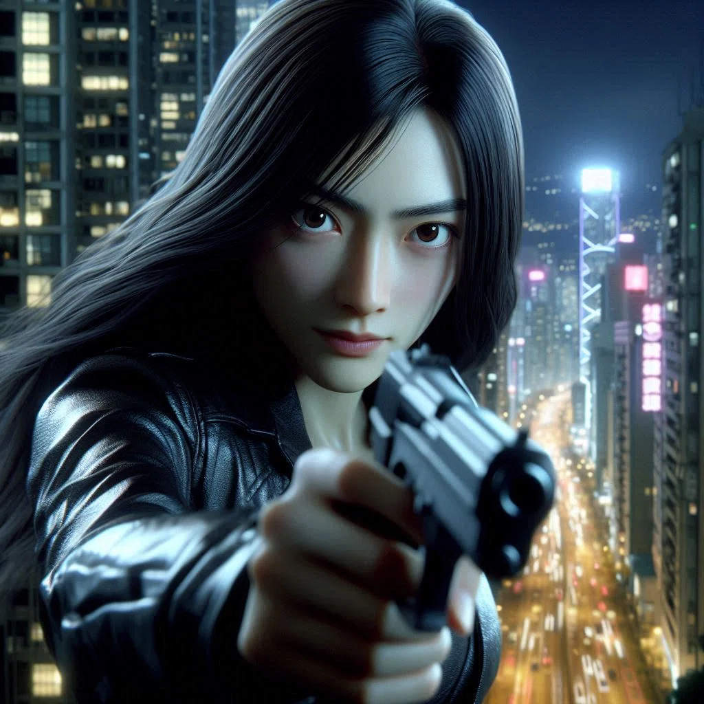 映画のワンシーンを描いたCGイラスト。人物は22歳の日本人女性。長い黒髪ストレート、大きな瞳、落ち着いたナチュラルメイク。すっきりとした印象美人。全身は黒いレザーの服で身を包んでいる。彼女の見た目はかなり背が高い痩せ型でかなりスタイルがいい。背景は真夜中の香港のビル群、まばゆい光で街全体が不夜城の印象。高層ビルの一角で拳銃を持ち、ビル街をみつめ、長い髪が風になびき、片手を腰につけて肩幅くらいに脚を開いて立っているポーズ。疾走感と躍動感のある衝撃的なシーン