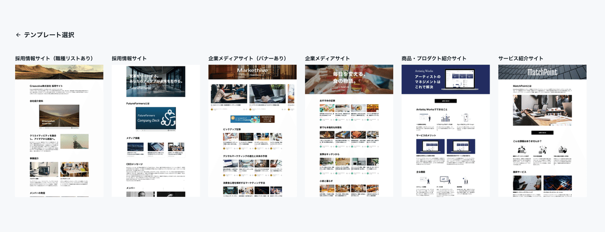 「サイト作成」機能で選択できるテンプレートの一覧画像