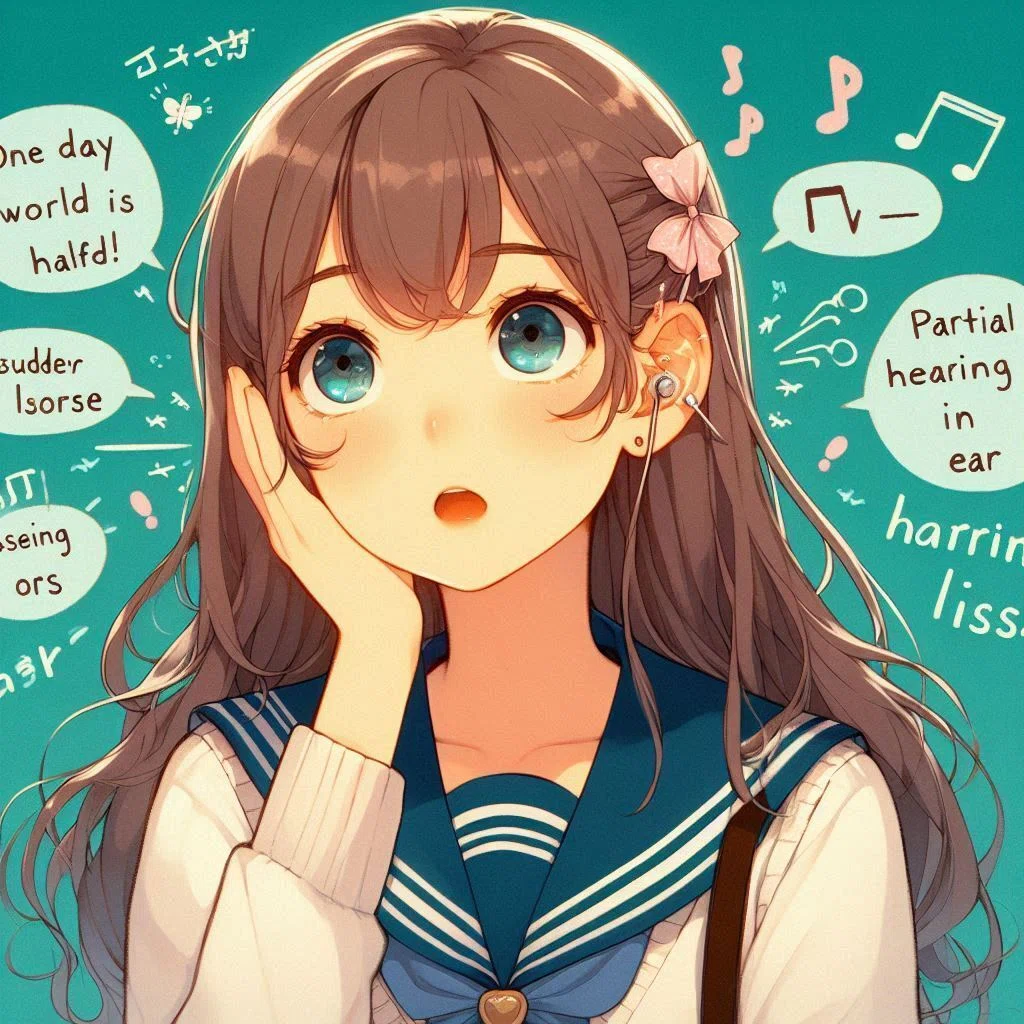 片耳難聴 ：Partial Hearing Loss【創作大賞2024エッセイ部門】【女子高生エッセイ】【英語】⓮『ある日、片耳難聴で世界が半分になった👂🏻』High School Girl Essay “One Day, My World Was Halved by Sudden Hearing Loss in One Ear👂🏻”Koro＆Arumi #イラスト <a target=