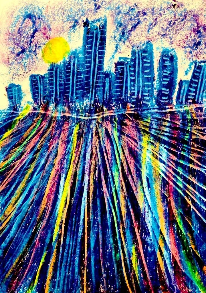 クレヨン画・大都会｜空想だいあぱ案内人kuramaippei