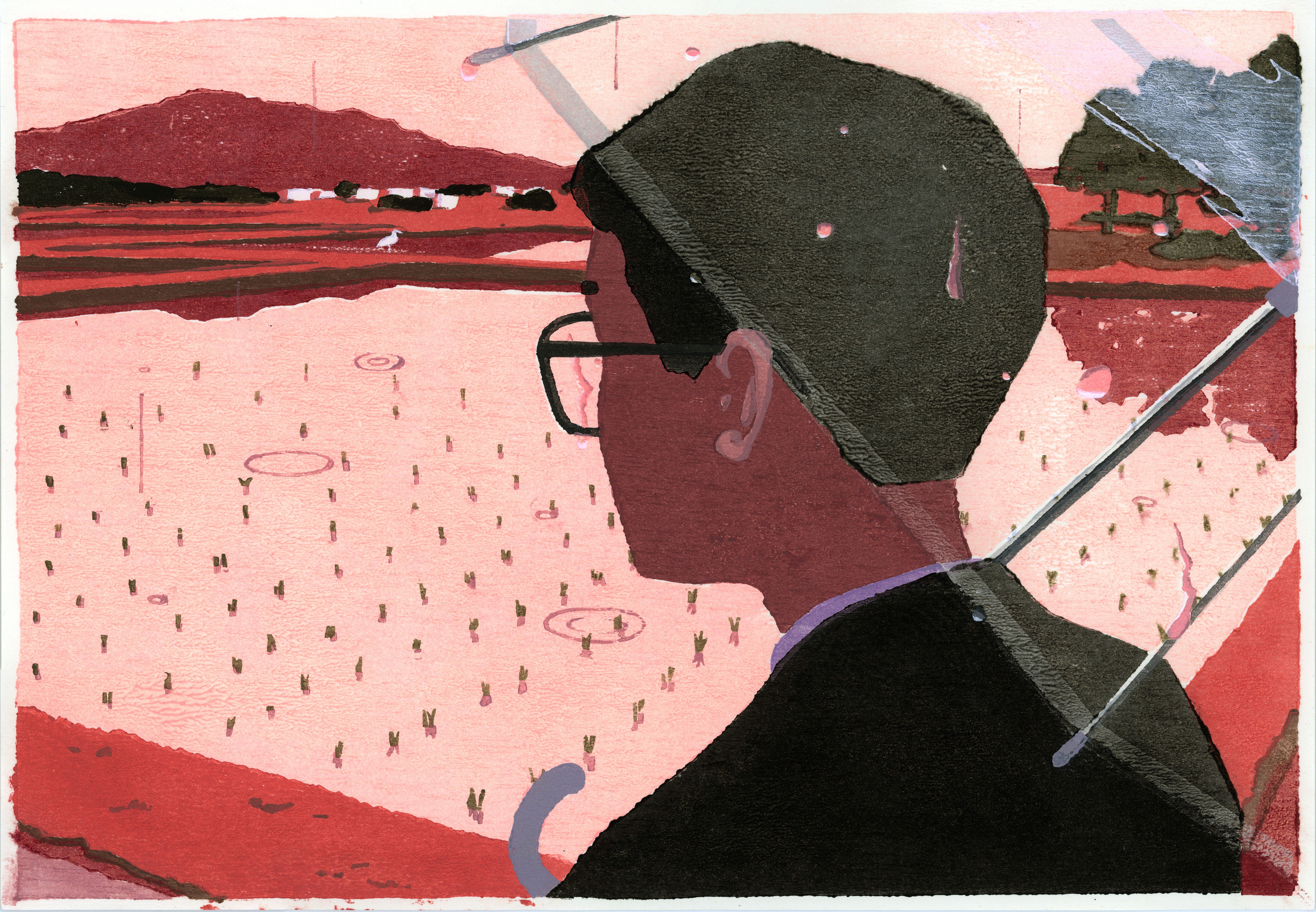 木版画 女性と荷物 木版画 女性と荷物