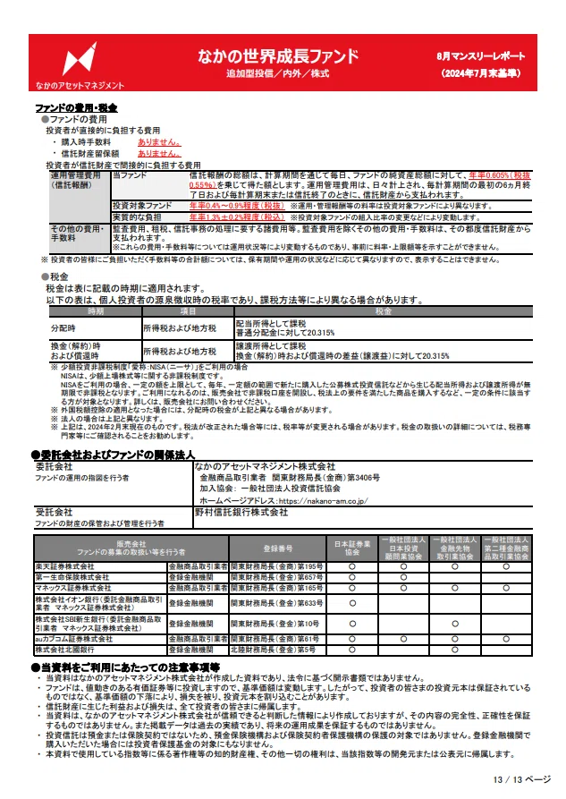 なかの世界成長ファンド 8月マンスリーレポート（2024年7月末基準