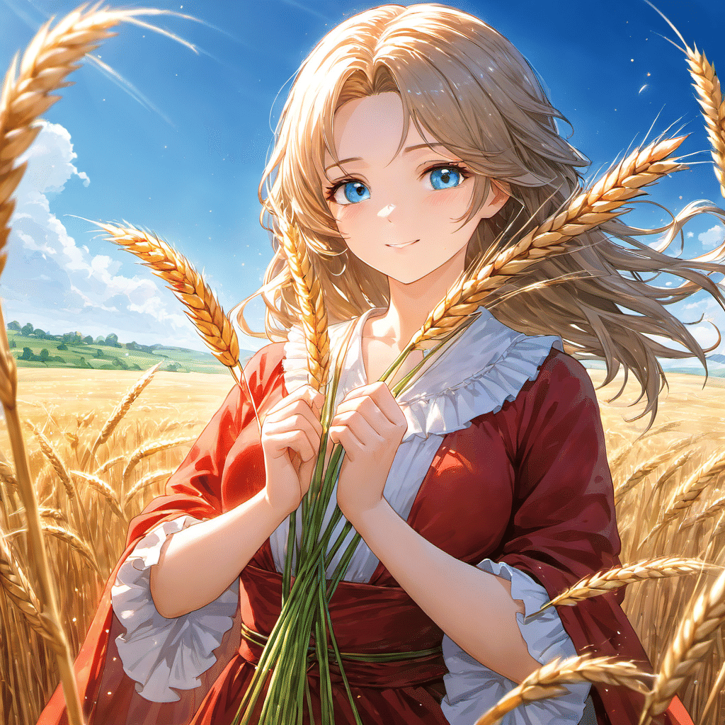 小麦畑の中の女性の画像