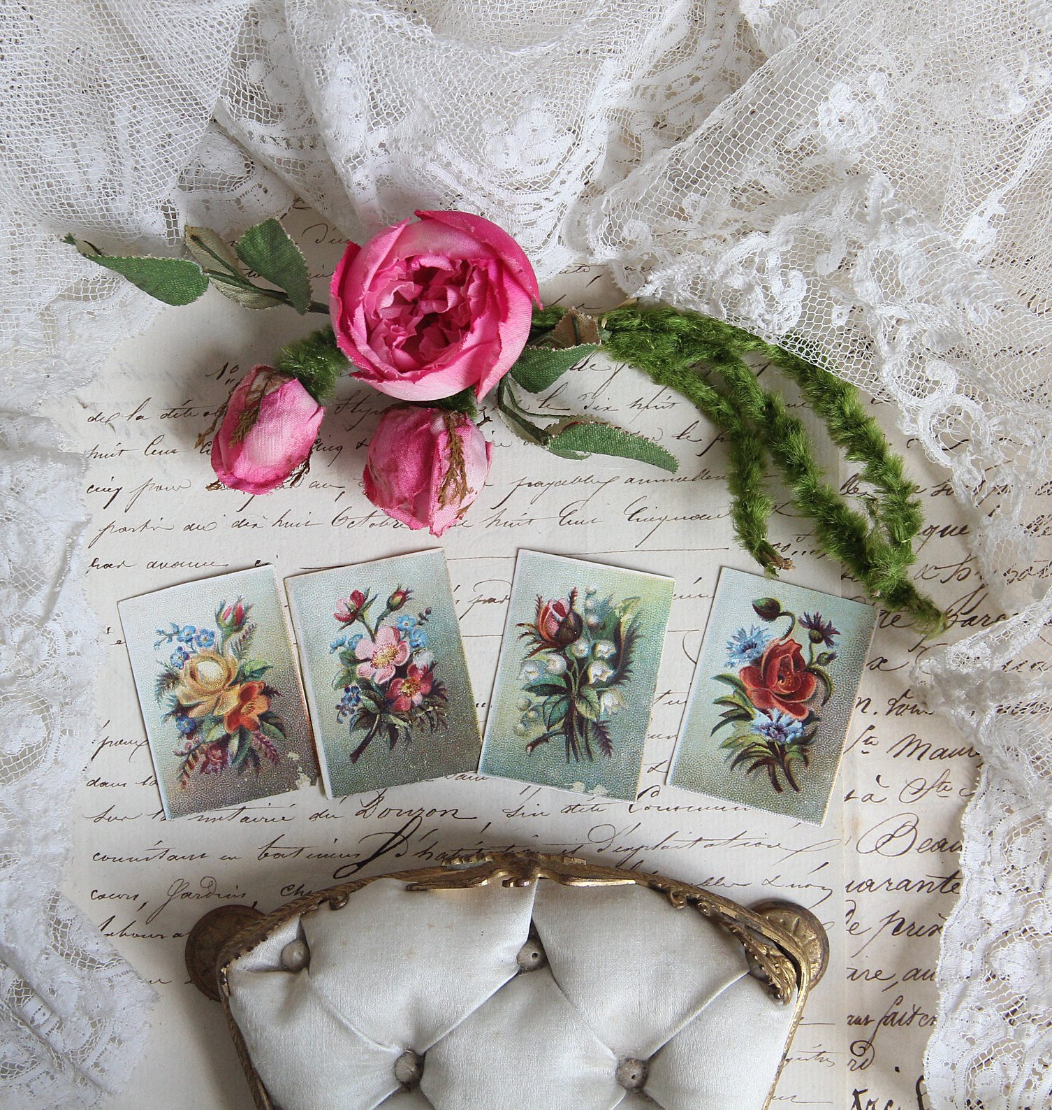 アンヴァンテール　フランスアンティーク　布花　チュールレースボネ　レース アンヴァンテールフランスアンティーク布花チュールレースボネレース