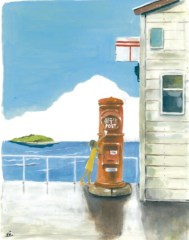 赤い郵便ポストの水彩画 サイズはF10号(45.5✕53cm) 夏空と海辺の赤いポスト｜Yu Morio もりおゆう