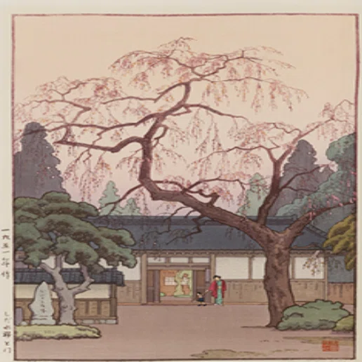 吉田遠志】 木版画 「しだれ桜と門」 査定 鑑定 買取 致します｜井浦歳