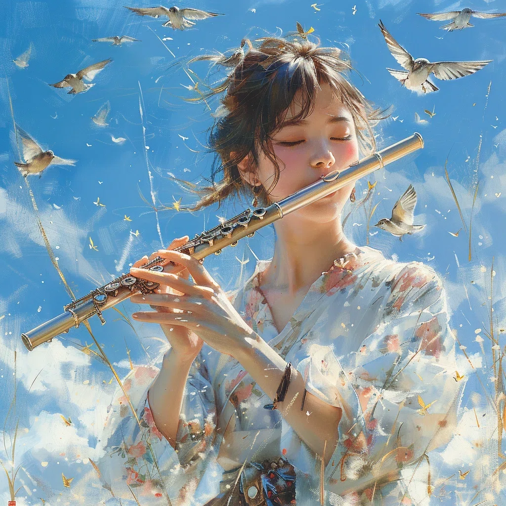 美しい女性がフルートを吹いている絵画風のイラスト