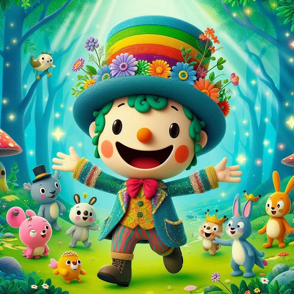 森の中でレインボーカラーのハットをかぶった、2等身の少年のイラスト。フェルトタッチで、絵本のようなやさしい絵。森のどうぶつが7匹えがかれている