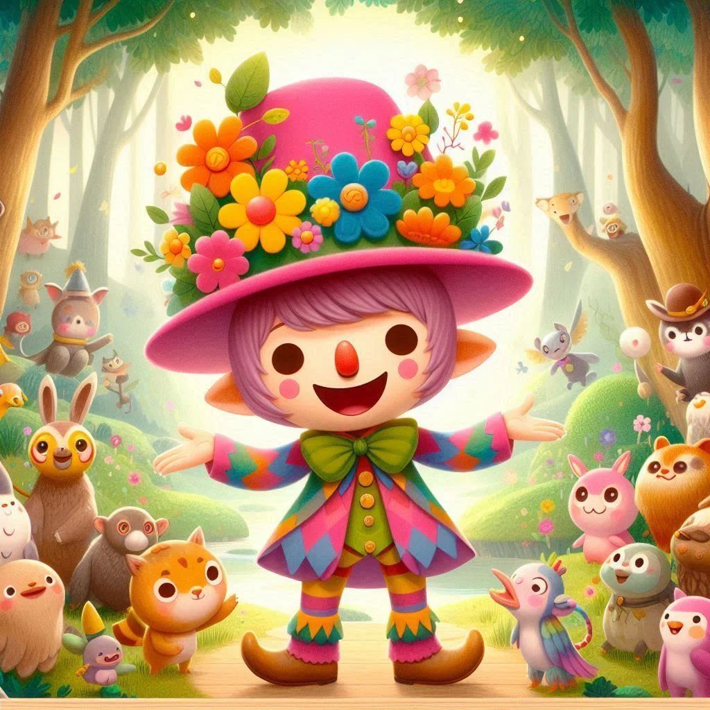 noteクリエイターのワクさんに一番近いと思ったイラスト。ピンクのハットにたくさんの花飾り、大勢の動物たちに囲まれた、ピンク色の神の章ねん。明るい森の中で楽しそうに両手を広げている