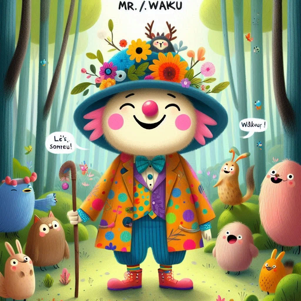 青いハットに花と動物の飾りをつけたピエロのような人のイラスト。森の中、右手にステッキをにぎり、周りには森の仲間が7匹、なんの動物かわからないが、ほほえましい絵