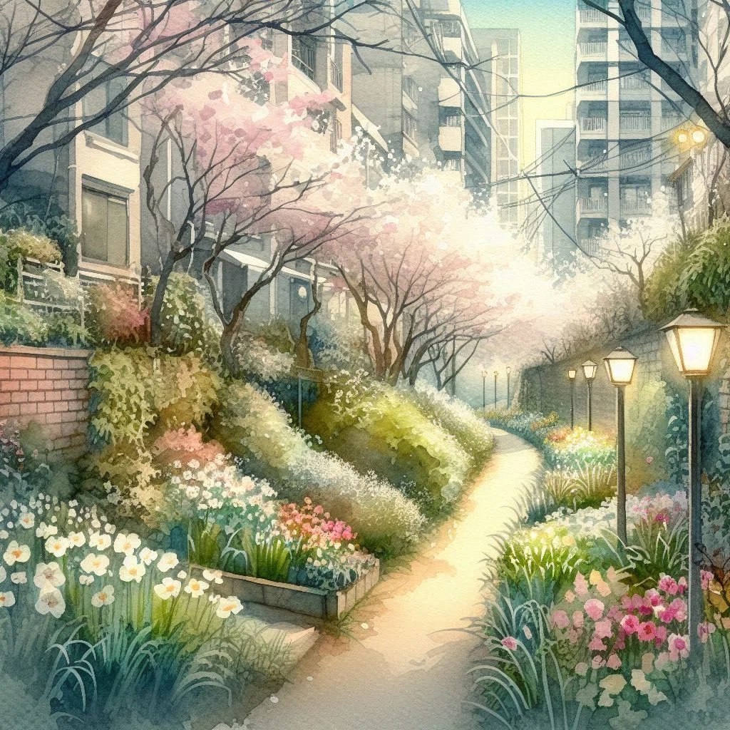 107[生成AI]朝の公園,通勤風景[Copilot]｜久藤 あかり | はじめまして！