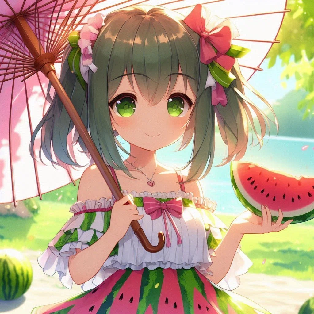 よしまるさんが出力したイラスト。10歳くらいの女の子が右手にピンクの和傘、左手にスイカを持ってにっこりしている絵。スイカの柄のスカートに、ギャザーとフリルの肩だしトップス。胸元には赤いリボン、ピンクのハートのネックレス、髪はピンクと赤と緑のスカカラーのリボンをつけたツインテール。をつけている