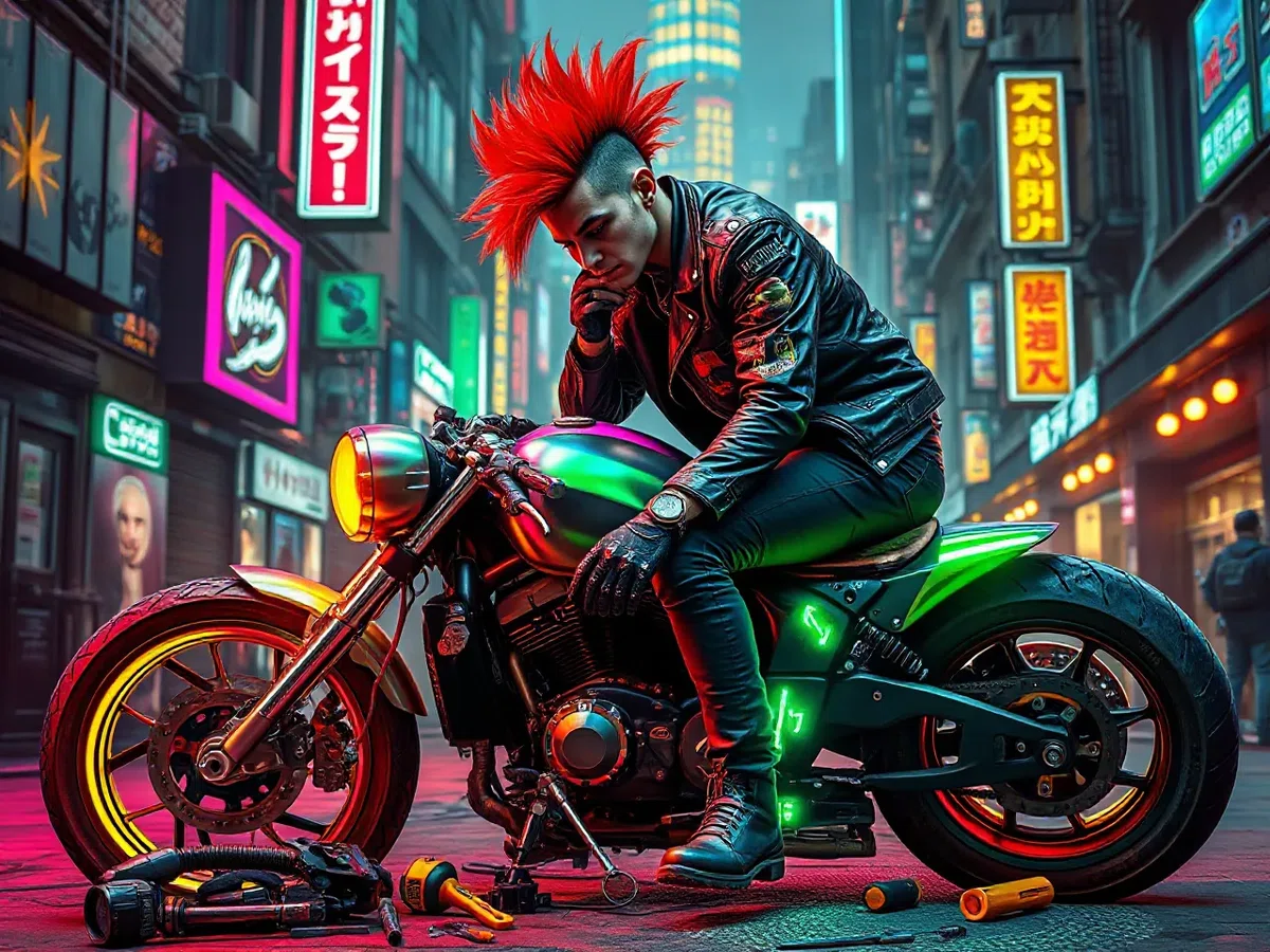 サイバーパンクの世界で赤色モヒカン頭の兄貴がバイクに乗って修理している実車風のイラスト
