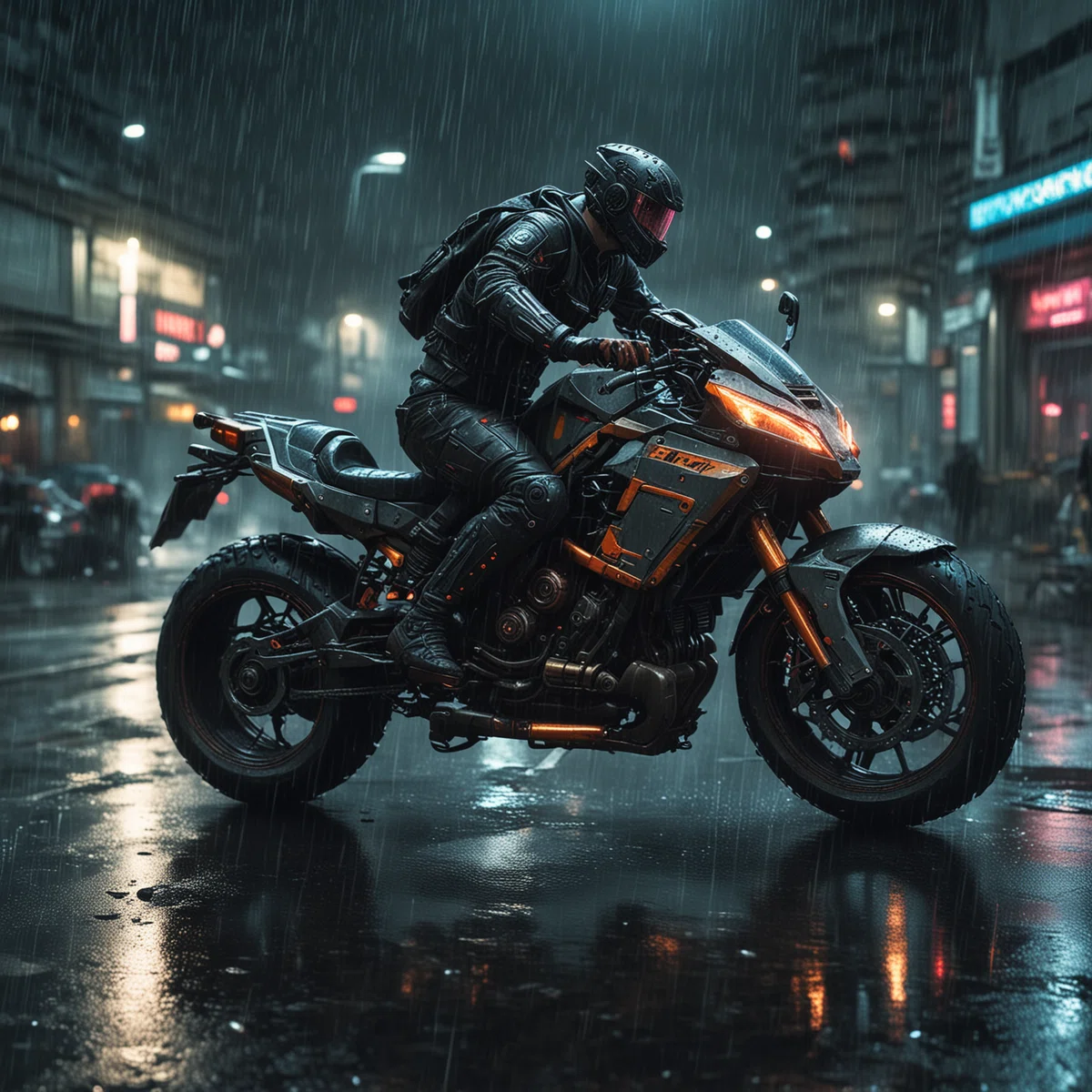 サイバーパンクの世界で雨の日の夜に黒いヘルメットと革ジャンと革のズボンを履いた人物がバイクで走っているイラスト
