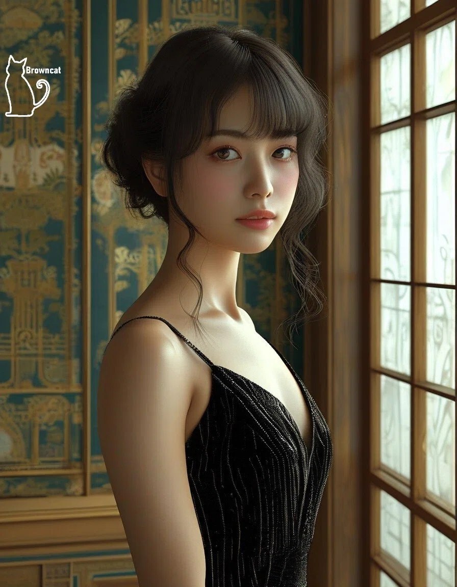 黒いドレスを着たアジア人女性の実写風のイラスト