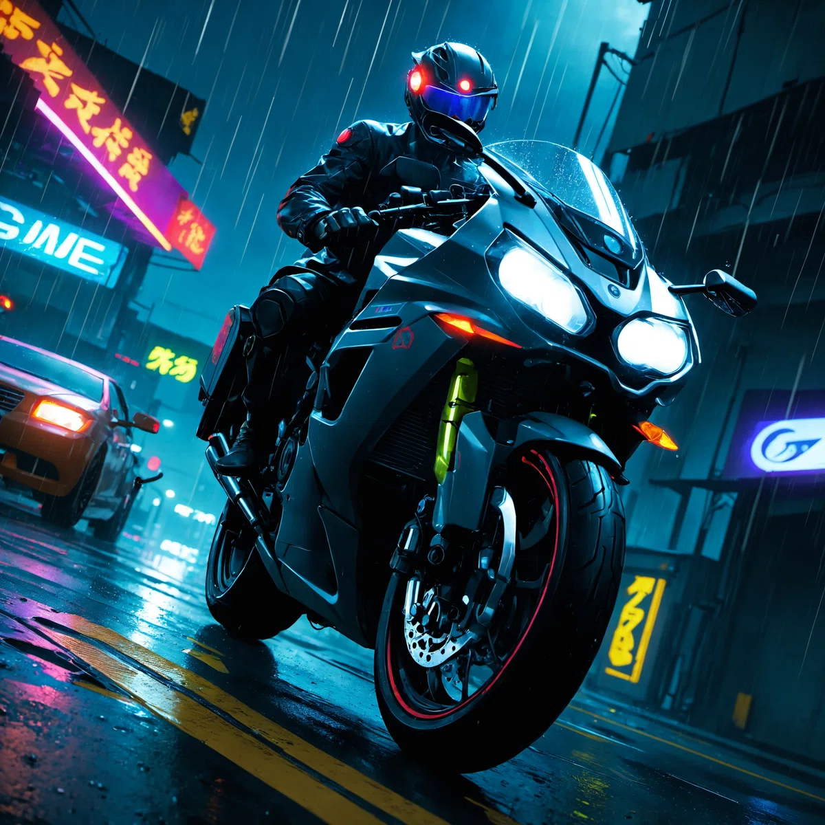 サイバーパンクの世界で雨の日の夜に黒いヘルメットと革ジャンと革のズボンを履いた人物がバイクに跨っているイラスト