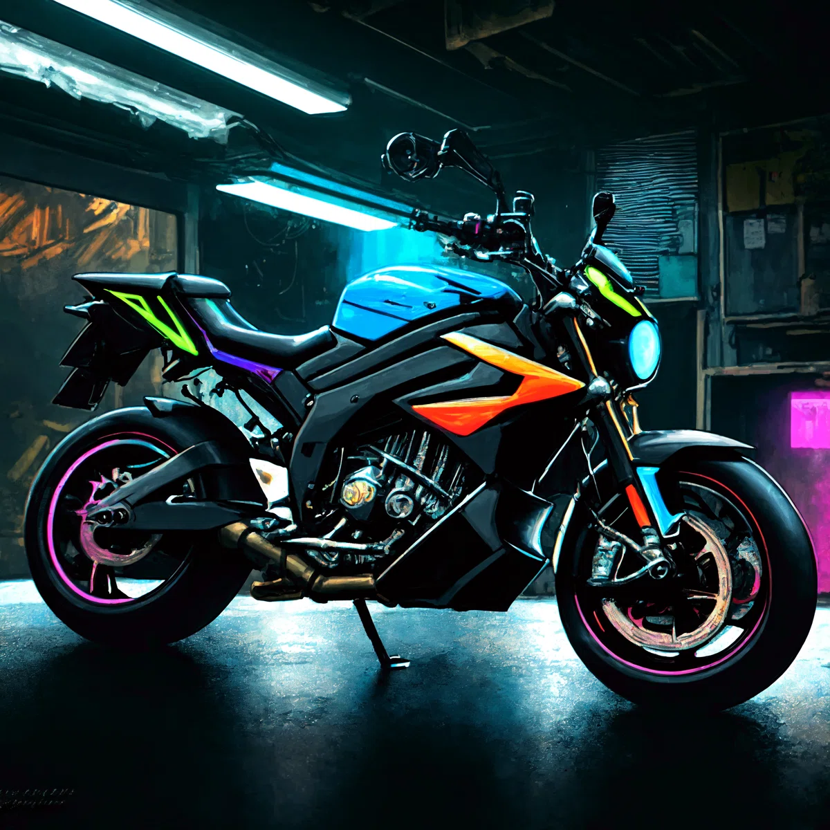 サイバーパンクの世界で雨の日の夜に雑然としたガレージに黒と赤のバイクが停まっているイラスト