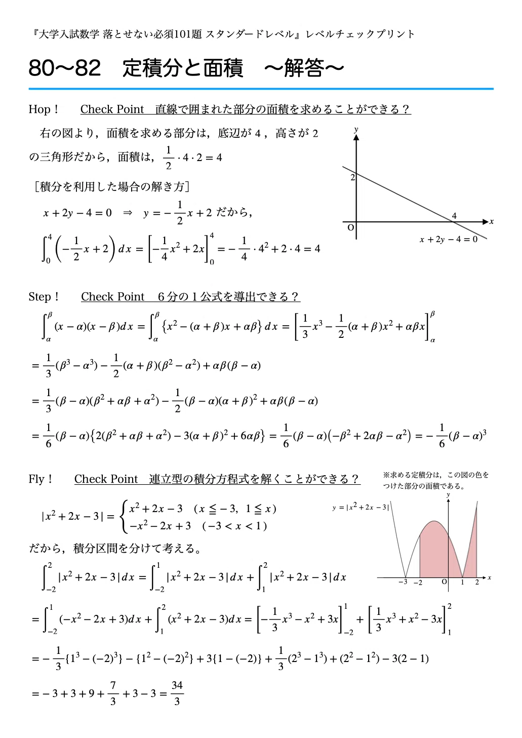 レベルチェックプリント #080-082 〜定積分と面積〜 『大学入試数学
